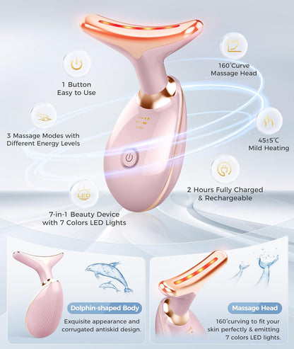 7-In-1 Skin Care Tools, Face Care, Face Neck Massager for Skin Care Routine at Home, Glossy Pink