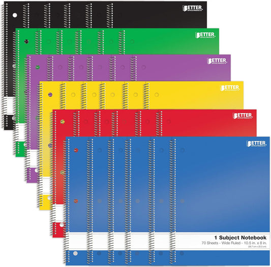 Spiral Notebooks 1-Subject, 24 Pack, Wide Rule, 70 Sheet, 8 X 10.5 Inches, 6 Assorted Primary Colors, 24 Pack