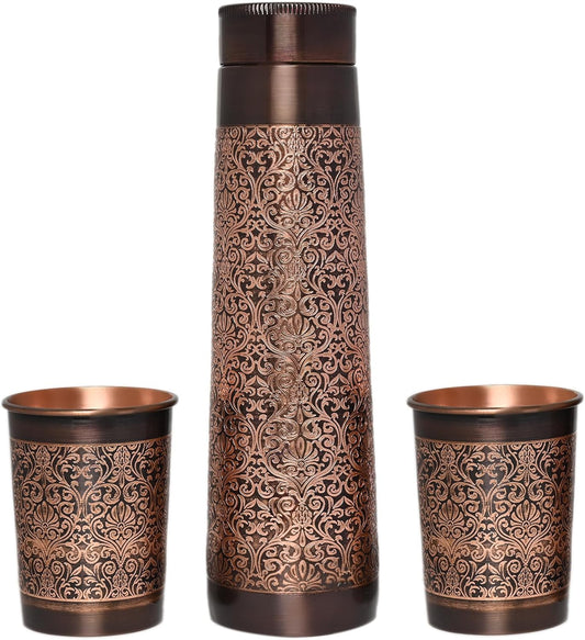 Pure Copper Water Bottle with 2 Tumblers Set, Beautiful Floral Pattern Light House Shape for Ayurveda Health Benefits