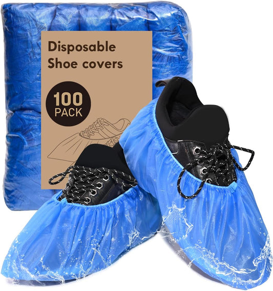 Shoe Covers Disposable Non Slip - 100 Pack Waterproof Shoe Covers, Durable Shoe Booties for Shoe Covers, Disposable Shoe Covers One Size Fits All (CPE Plastic)