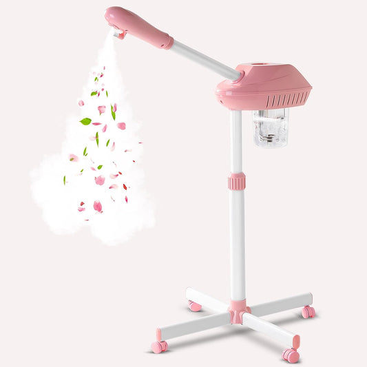 Professional Facial Steamer on Wheels,Ozone Facial Steamer,Timable Thermal Mist Face Steamer,Suitable for Personal,Beauty Salon Use of Skin Hydration Face Steamer,Pink