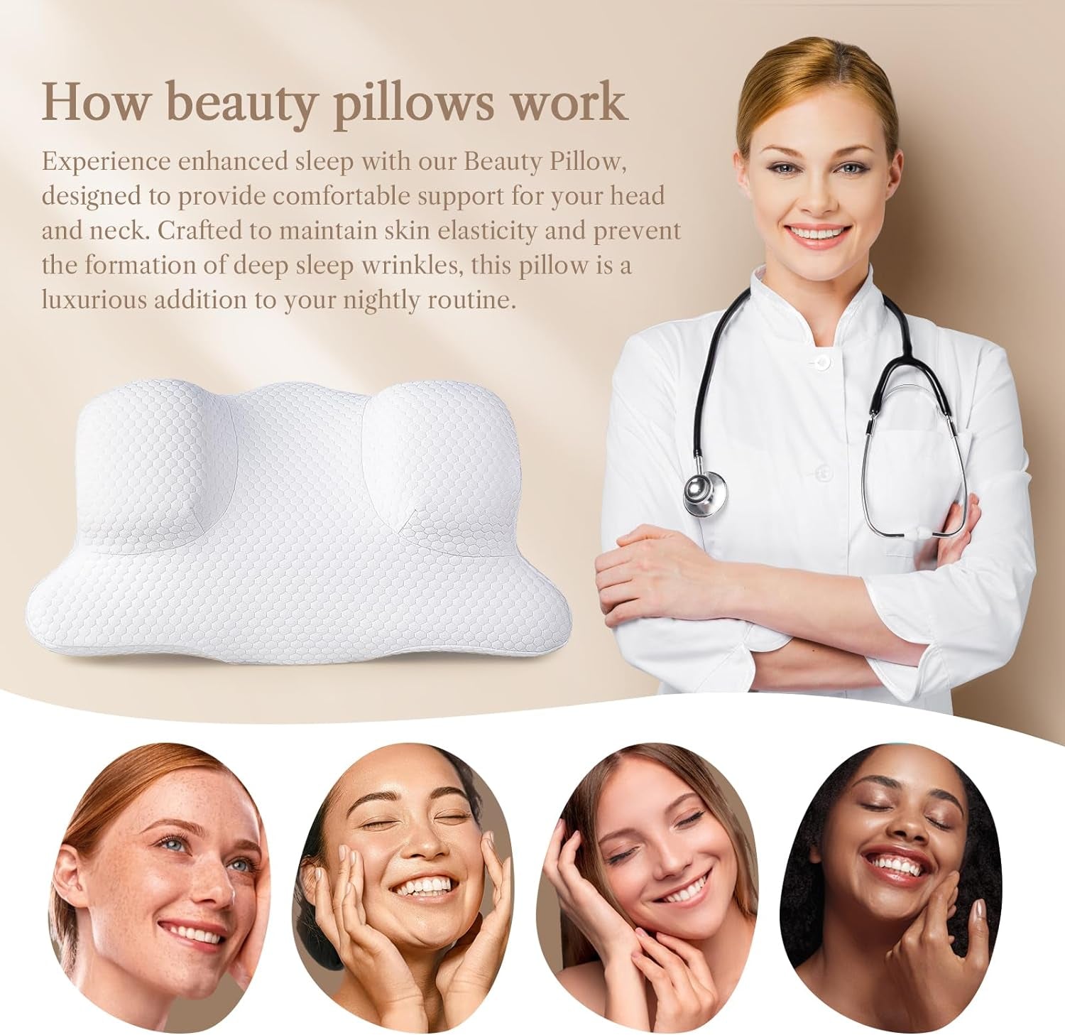 Cervical Neck Beauty Pillow - Anti-Aging & Anti-Wrinkle Memory Foam for Neck & Shoulder Pain, Back & Side Sleepers - White