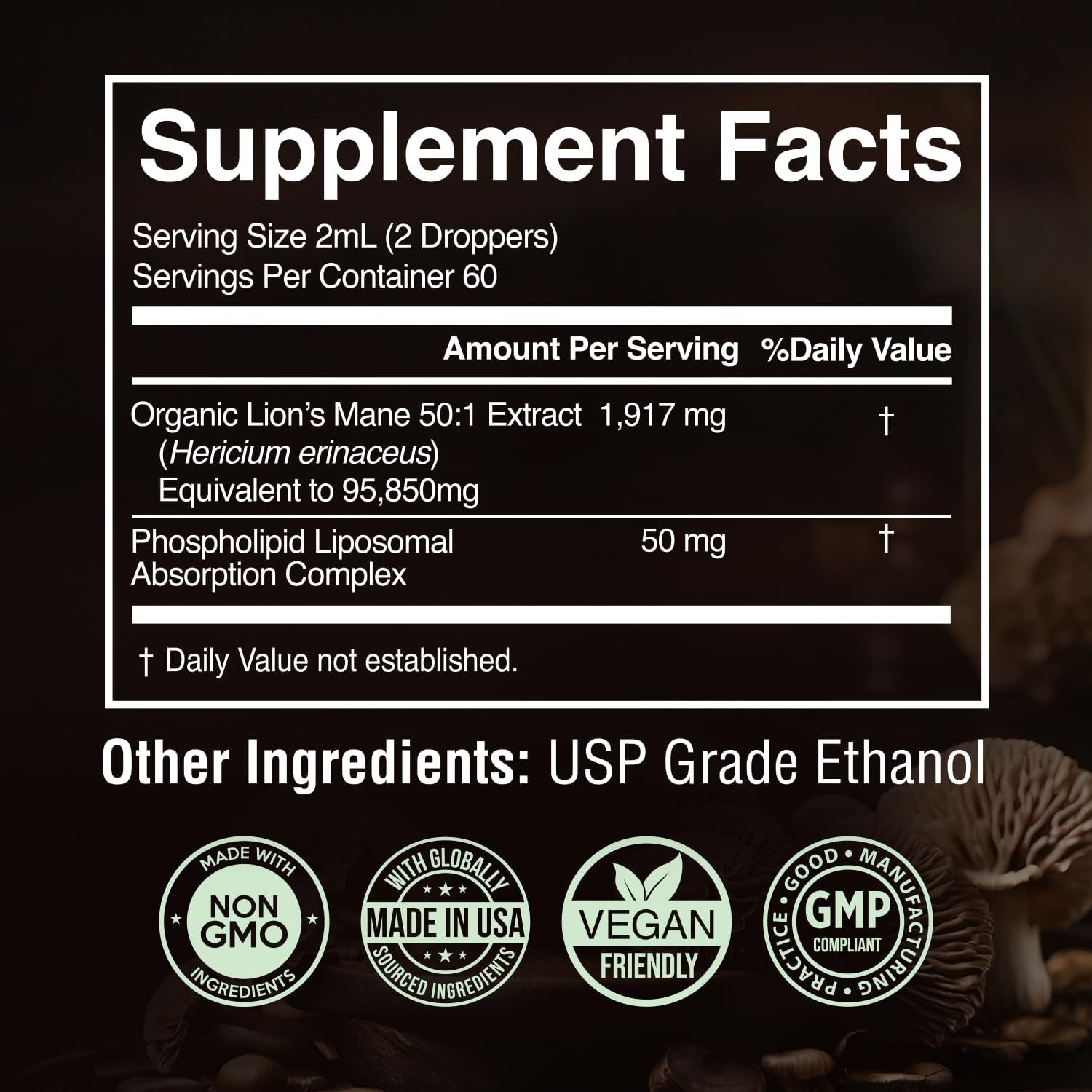 50:1 Lion'S Mane Extract - Mushroom Tincture Lions Mane Liquid Drops & Phospholipid Liposomal Absorption Complex, Promotes Focus, Memory & Mental Clarity - Made in USA, 4 Fl. Oz