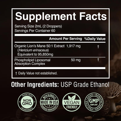 50:1 Lion'S Mane Extract - Mushroom Tincture Lions Mane Liquid Drops & Phospholipid Liposomal Absorption Complex, Promotes Focus, Memory & Mental Clarity - Made in USA, 4 Fl. Oz