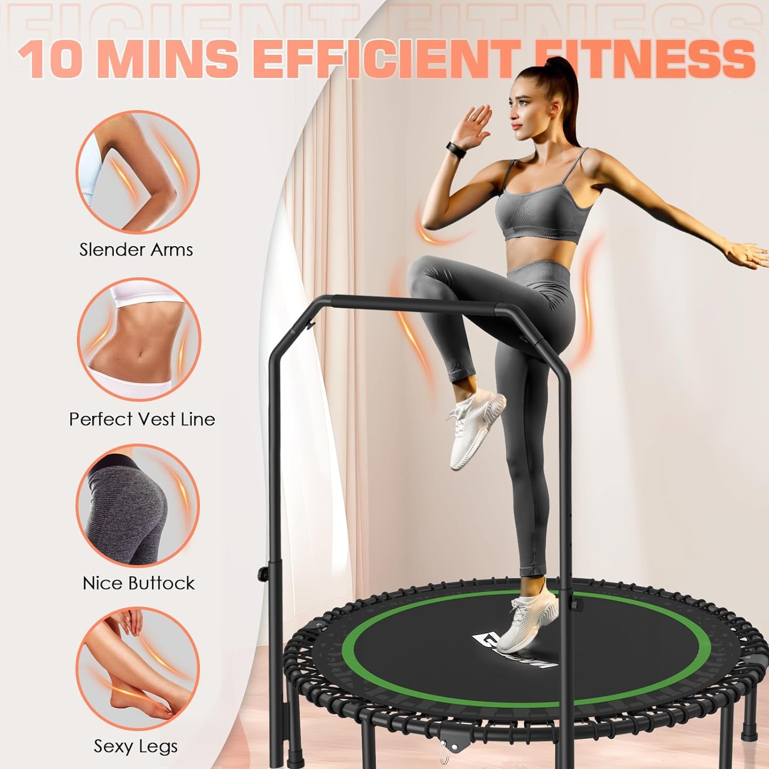 450/550 LBS Foldable Mini Trampoline, 40"/48"/50" Fitness Trampoline with Bungees, U/T Shape Adjustable Foam Handle, Stable & Quiet Exercise Rebounder for Kids Adults Indoor/Garden Workout