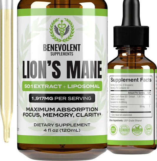 50:1 Lion'S Mane Extract - Mushroom Tincture Lions Mane Liquid Drops & Phospholipid Liposomal Absorption Complex, Promotes Focus, Memory & Mental Clarity - Made in USA, 4 Fl. Oz