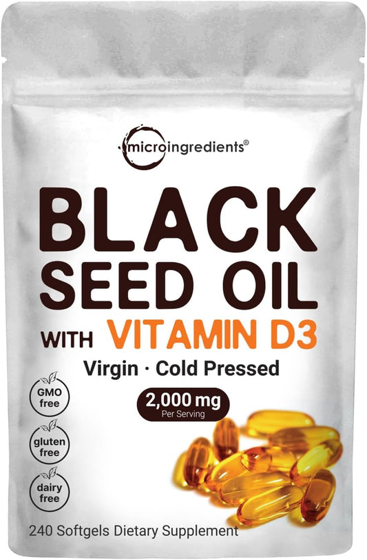 Black Seed Oil 2000 Mg with Vitamin D3 1000 IU, 240 Softgels | Cold Pressed - Nigella Sativa Pills from Egypt, Virgin Oil, Odorless, Non-Gmo & No Gluten