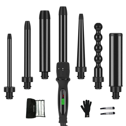 Curling Iron, 7 in 1 Curling Wand Set with 7 Interchangeable Barrels and Heat Protective Glove Auto Shut off Dual Voltage