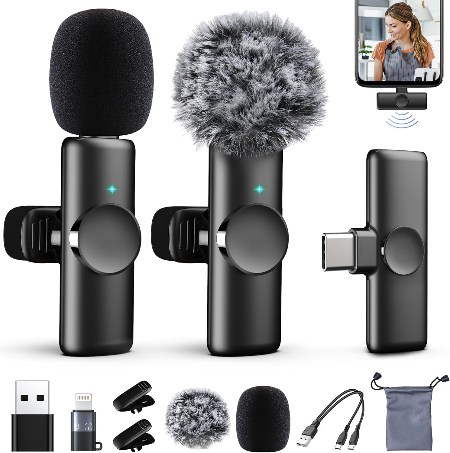 2 Packs Wireless Lavalier Microphone for Iphone/Ipad/Android/Phone/Pc/Laptop, Plug-Play Mini Mic with Noise Reduction, Clip-On Lapel Microphone for Video Recording, Interview, Vlogging