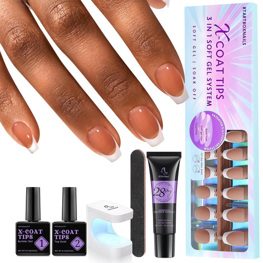 French Gel Nail Kit - French Tip Press on Nails Brown Short Coffin XCOATTIPS Pre-Applied Tip Primer & Base Coat Fake Nails for Nail Art DIY