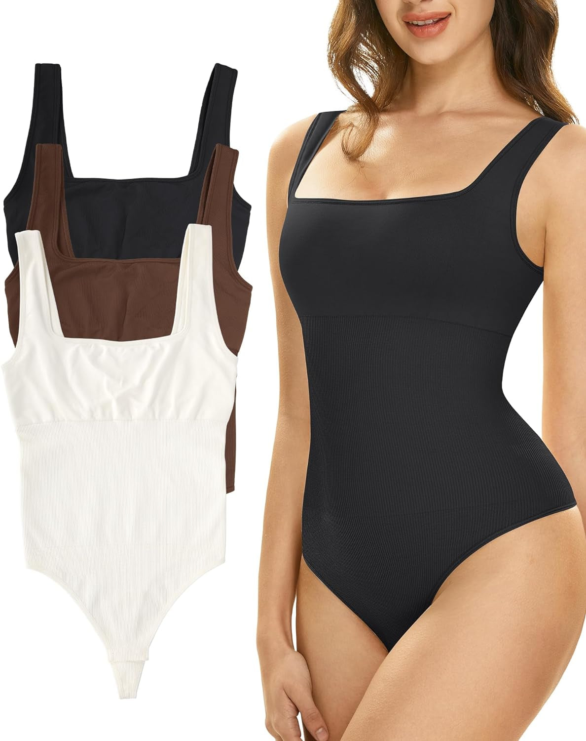 Women'S 3 Piece Bodysuits Shapewear Tummy Control Body Suits Ribbed Square Neck Sleeveless Tank Tops