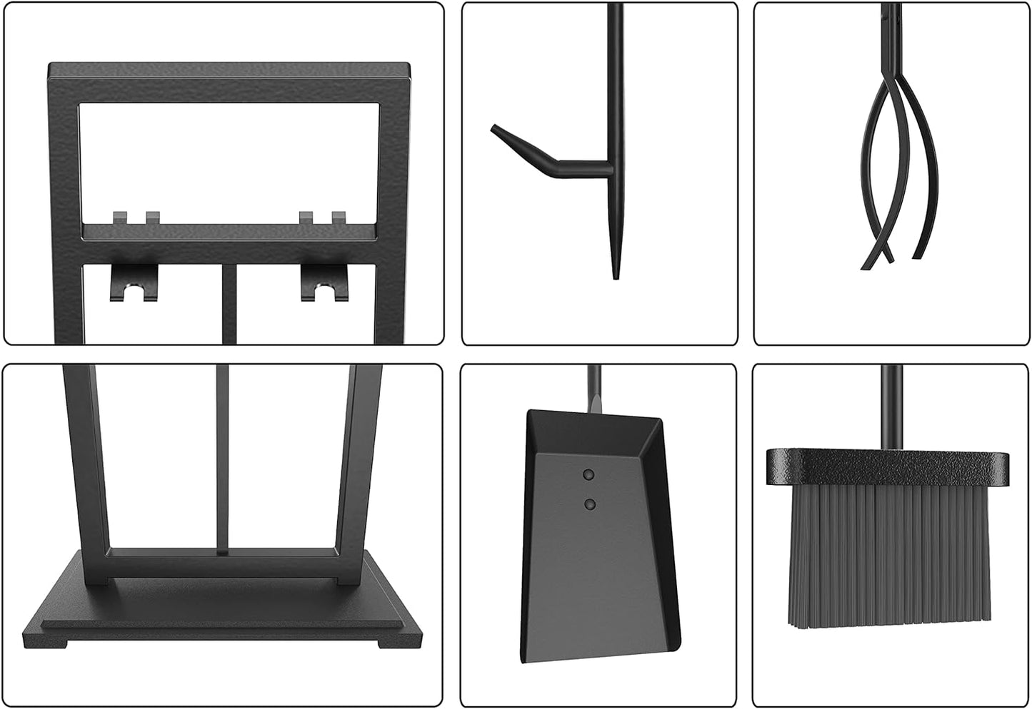 5 Pieces Fireplace Tools Set Wrought Iron Fire Place Pit Poker Holder(Black)