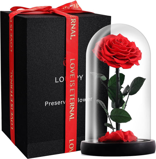 Forever Roses - Gifts Idea for Mom - Beauty and the Beast Rose in Glass Dome - Eternal Preserved Rose Flower - Gift for Her,Wife,Girlfriend(Red, 9Inch)