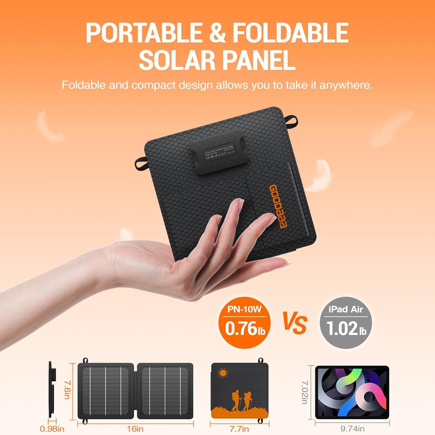 10W Portable Solar Charger with Dual USB Outputs Super Handy Foldable Size 24% High Conversion Efficiency Solar Panels, Waterproof & Dustproof & Shockproof, Wide Compatibility