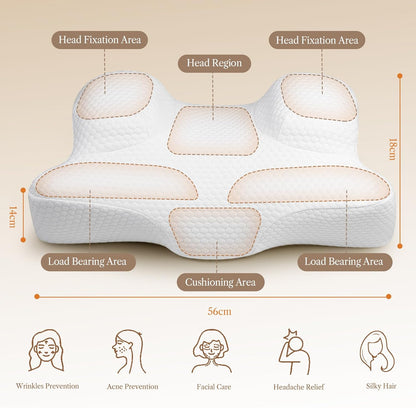 Cervical Neck Beauty Pillow - Anti-Aging & Anti-Wrinkle Memory Foam for Neck & Shoulder Pain, Back & Side Sleepers - White