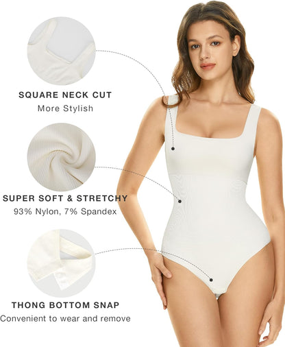 Women'S 3 Piece Bodysuits Shapewear Tummy Control Body Suits Ribbed Square Neck Sleeveless Tank Tops