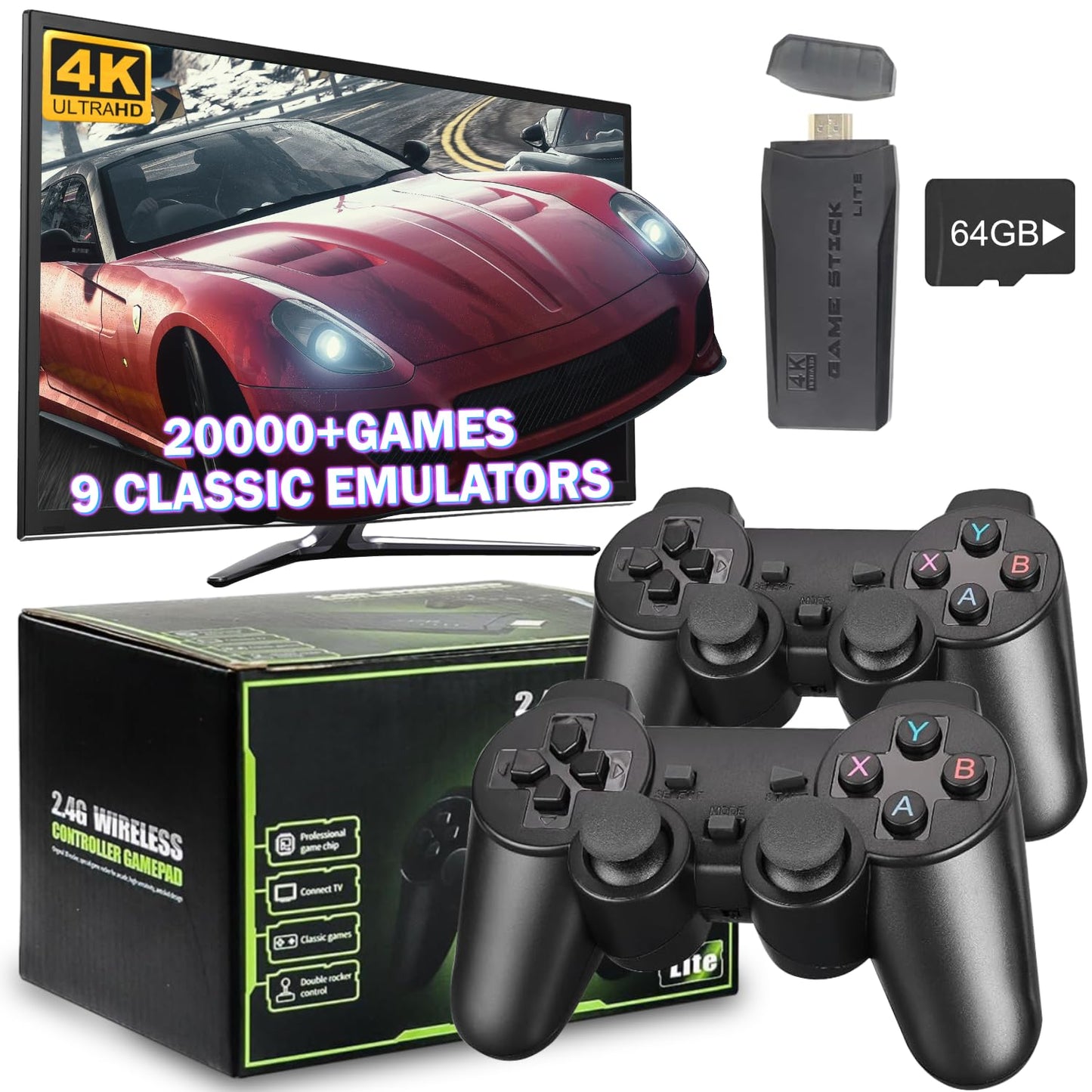 Wireless Retro Game Console, Plug & Play Video TV Game Stick with 20000+ Games Built-In, 4K HDMI Output, 2.4 Ghz Wireless Controllers (64G)