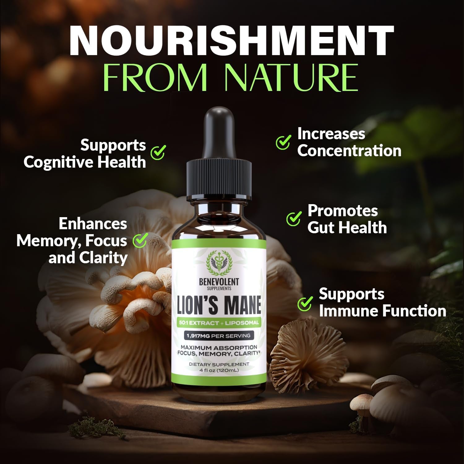 50:1 Lion'S Mane Extract - Mushroom Tincture Lions Mane Liquid Drops & Phospholipid Liposomal Absorption Complex, Promotes Focus, Memory & Mental Clarity - Made in USA, 4 Fl. Oz