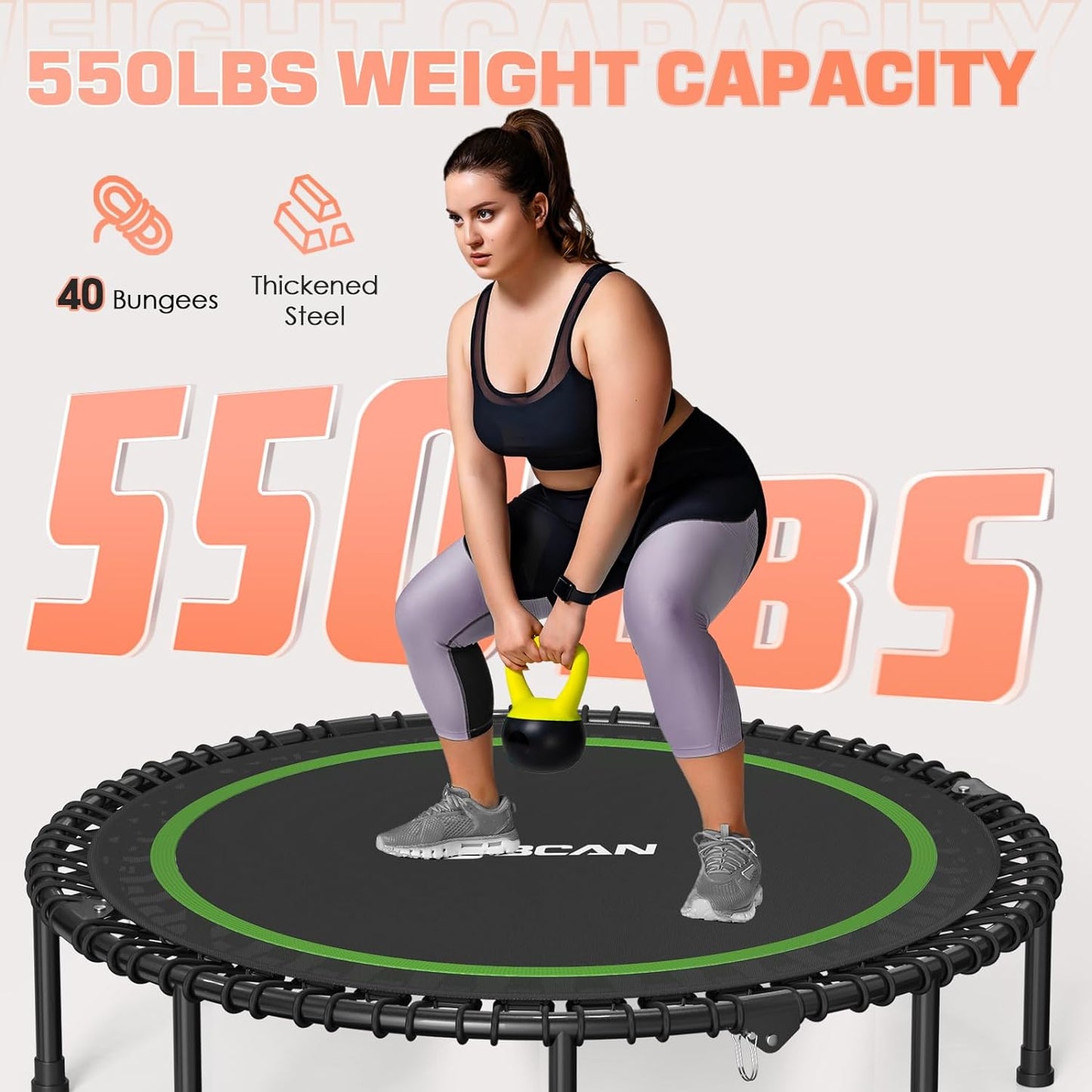 450/550 LBS Foldable Mini Trampoline, 40"/48"/50" Fitness Trampoline with Bungees, U/T Shape Adjustable Foam Handle, Stable & Quiet Exercise Rebounder for Kids Adults Indoor/Garden Workout