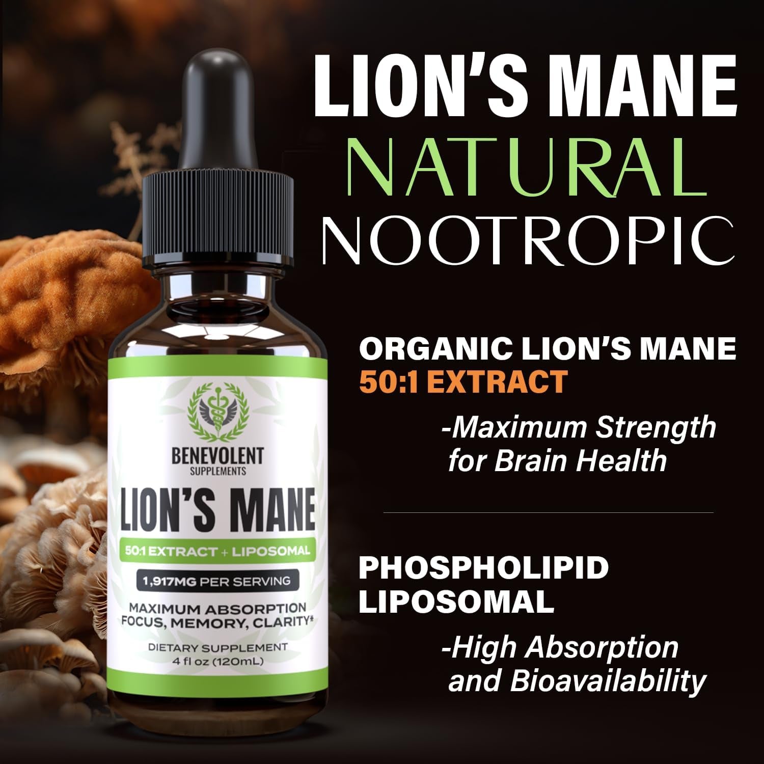 50:1 Lion'S Mane Extract - Mushroom Tincture Lions Mane Liquid Drops & Phospholipid Liposomal Absorption Complex, Promotes Focus, Memory & Mental Clarity - Made in USA, 4 Fl. Oz