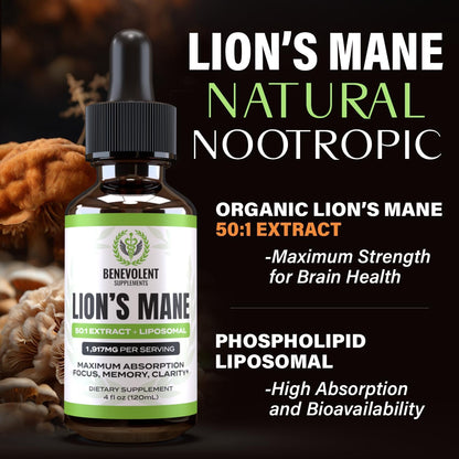 50:1 Lion'S Mane Extract - Mushroom Tincture Lions Mane Liquid Drops & Phospholipid Liposomal Absorption Complex, Promotes Focus, Memory & Mental Clarity - Made in USA, 4 Fl. Oz