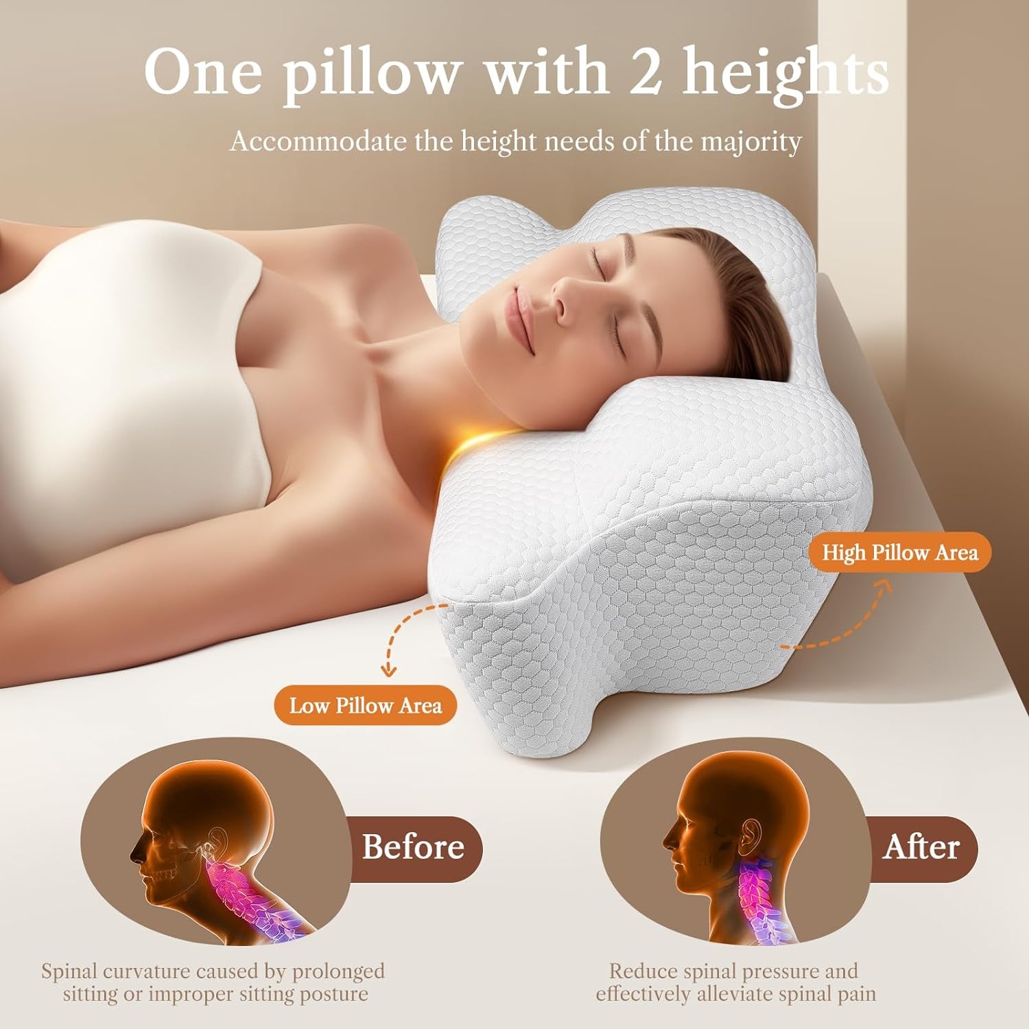 Cervical Neck Beauty Pillow - Anti-Aging & Anti-Wrinkle Memory Foam for Neck & Shoulder Pain, Back & Side Sleepers - White