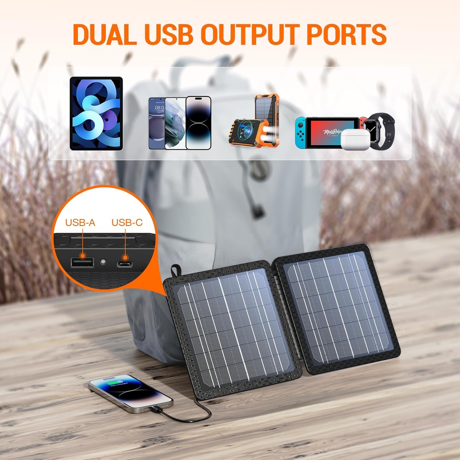 10W Portable Solar Charger with Dual USB Outputs Super Handy Foldable Size 24% High Conversion Efficiency Solar Panels, Waterproof & Dustproof & Shockproof, Wide Compatibility