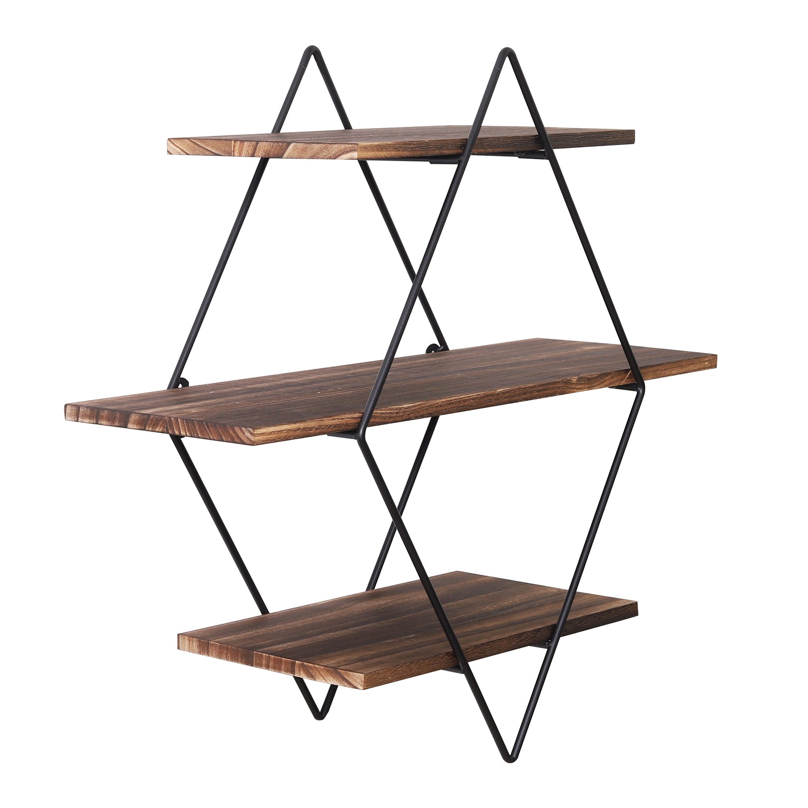 3 Tier Industrial Geometry Wood Floating Shelf Heavy Duty Hanging Wall Mounted Unit