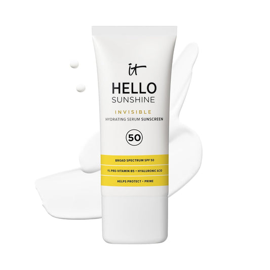 Hello Sunshine Invisible Sunscreen for Face SPF 50 - Daily Sunscreen, Hydrating Serum & Makeup Primer - with 1% Pro-Vitamin B5 & Hyaluronic Acid - Suitable for Sensitive Skin - 1.69 Fl Oz