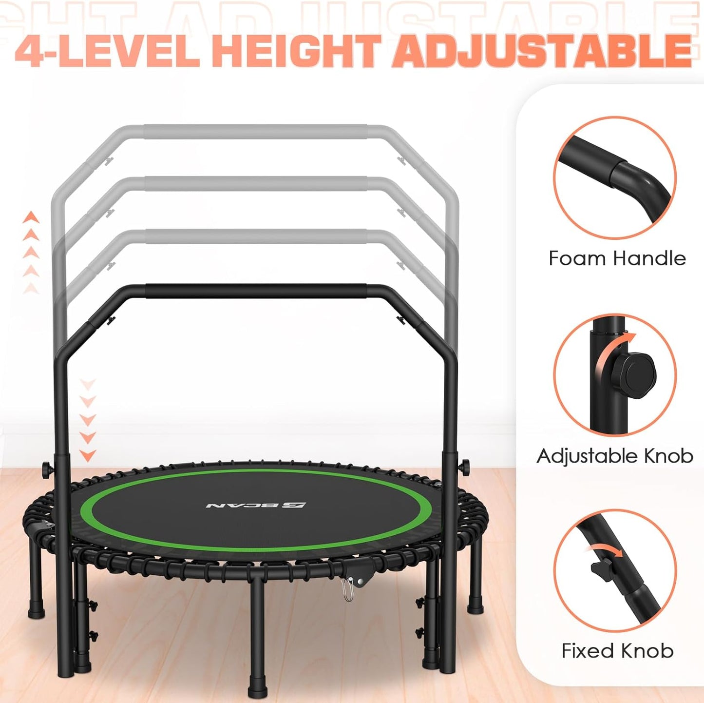 450/550 LBS Foldable Mini Trampoline, 40"/48"/50" Fitness Trampoline with Bungees, U/T Shape Adjustable Foam Handle, Stable & Quiet Exercise Rebounder for Kids Adults Indoor/Garden Workout